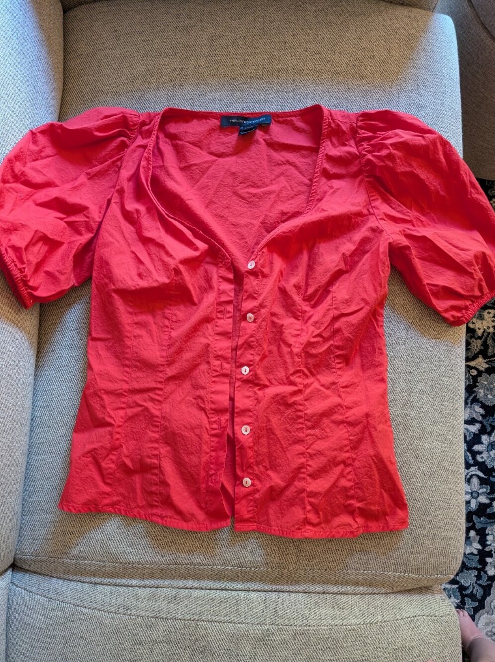 French Connection Red Button-Front Puff Sleeve Top